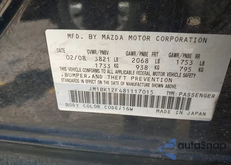 2008 Mazda Mazda3 I Sport from USA, damaged, VIN JM1BK12F481117015